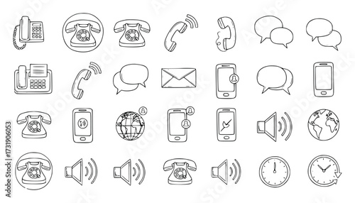 Vector art of collection of communication icons including telephones, smartphones, speech bubbles, email, fax, speaker, clock, and globe