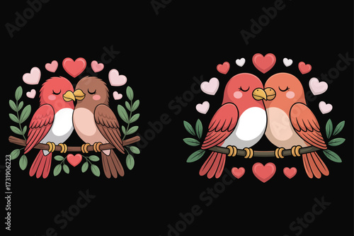 Two pairs of birds on branches with hearts love leaves