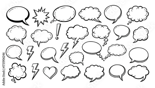 Vector art of collection of handdrawn speech bubbles and thought clouds, representing communication and ideas