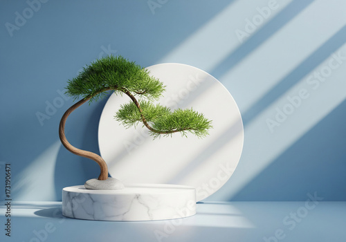 A minimalist composition featuring a small, artfully pruned bonsai tree on a marble pedestal against a soft blue wall with dramatic shadows