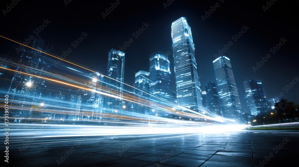 Fototapeta premium Night cityscape with light trails