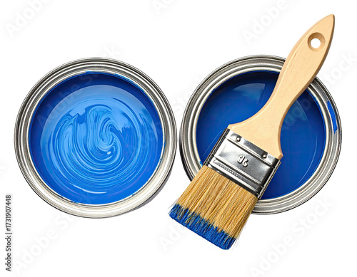 Two open cans of vibrant blue paint with a paintbrush (1)