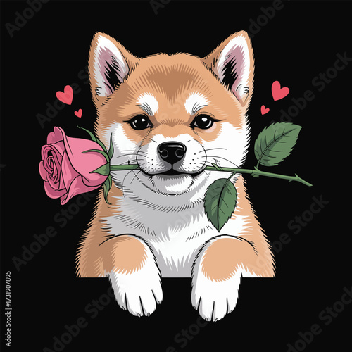 Adorable puppy holding pink rose shiba inu flower