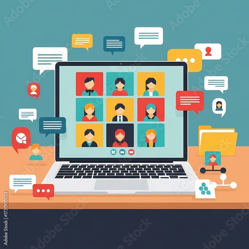 Illustration of a laptop screen displaying a video conference with multiple participants, surrounded by chat bubbles.