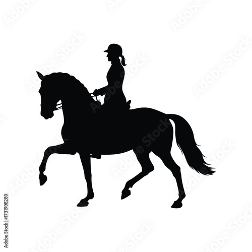 Silhouette of dressage horse and rider performing a classical movement in black, equestrian dressage performance black silhouette vector illustration