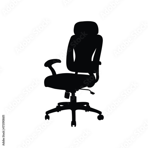 A solid black shadow of an office chair with head rest and wheels, ergonomic office chair silhouette vector illustration