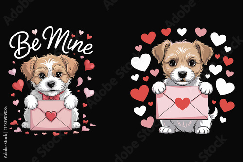 Adorable puppy holding love letter surrounded by hearts