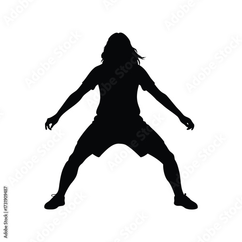 Silhouette of a longhaired person standing with legs apart and arms outstretched, female soccer player in defensive stance silhouette vector illustration