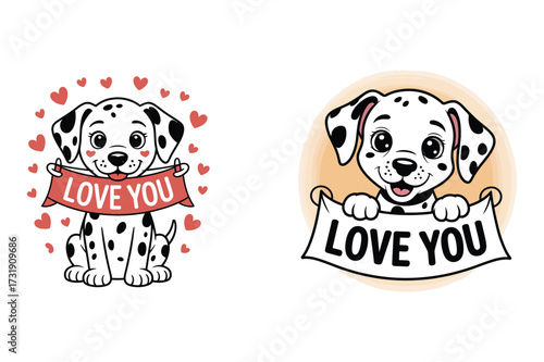 Dalmatian puppies holding love banners puppy hearts