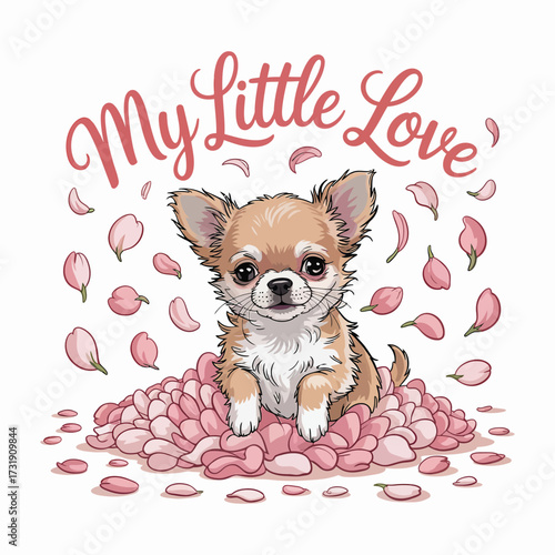 Tiny chihuahua puppy surrounded by pink petals vector
