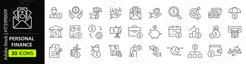 Personal finance set of web icons in line style. A collection of linear icons representing Finance concepts, including loan, financial management, budget, savings, income, mortgage. Editable stroke