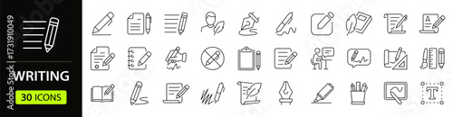 Writing Web Icon Set in Line Style. Collection of Copywriting Linear Icons, Including write, note, edit, writer, text, pen, signature, content editing, document, nib, pencil and More. Editable Stroke.