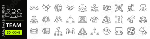 Team Web Icon Set in Line Style. Collection of Teamwork Linear Icons, Including team building, workshop, human resources, business people, group, team, organization, community. Editable Stroke