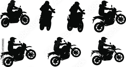 Motorcycle rider silhouette collection, sport and dirt bike poses, helmet safety, black vector icons, dynamic biker stances for graphic design use