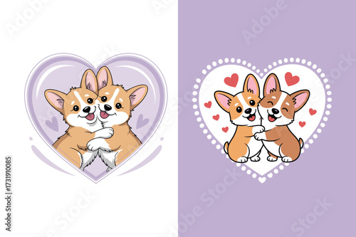 Two corgis hugging within hearts dogs puppies