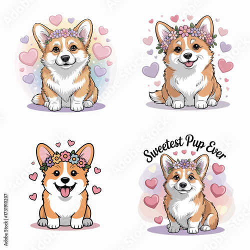 Adorable corgi pups wearing flower crowns puppy floral