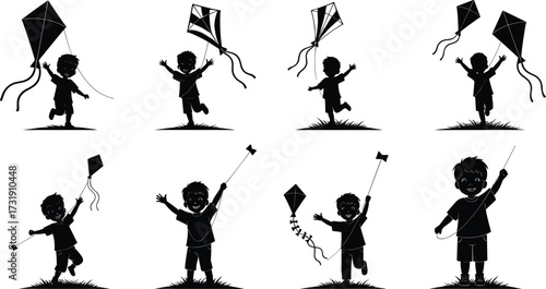 Children flying kites in silhouette, outdoor playtime, joyful movement, grassy field, dynamic poses, traditional and creative kite designs, black silhouettes on white background