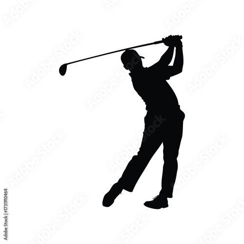 Silhouette of a golfer in mid swing with golf club extended overhead, golfer hitting fairway wood silhouette vector illustration