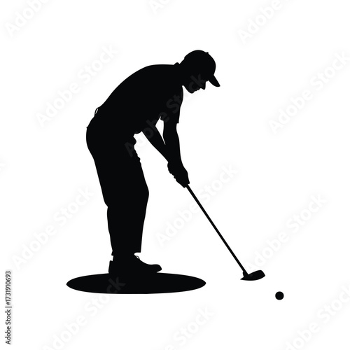 Silhouette of golfer preparing to strike ball in golf course environment, golfer putting green silhouette vector illustration