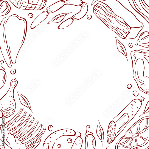 Frame of assorted meat cuts, sausage, bacon and herbs on a white background in line art style for butcher shop package design.