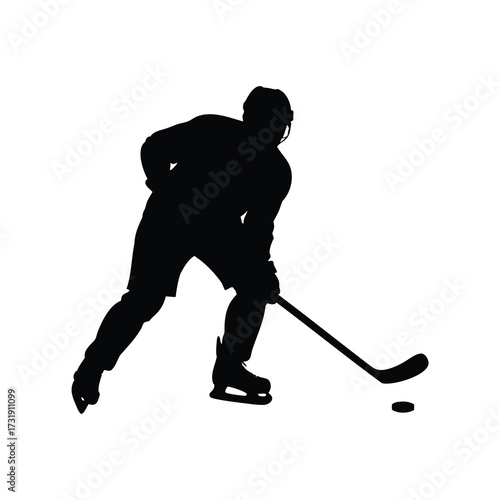 Black silhouette of a determined ice hockey player shooting the puck, hockey player checking opponent silhouette vector illustration