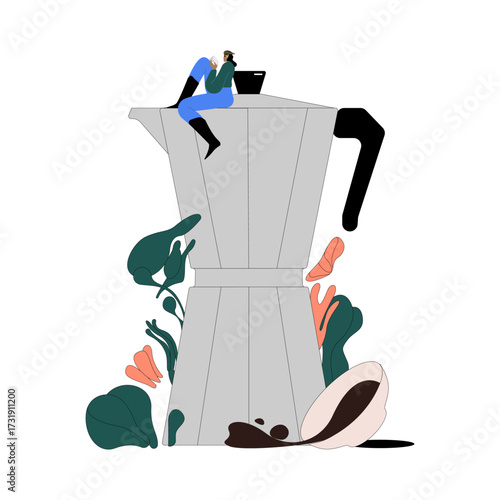 
Girl reading a book on a geyser coffee maker. Book and coffee concept. Vector illustration isolated on white background.