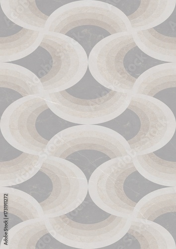 Abstract geometric pattern featuring interlocking circular shapes in soft gray and white tones