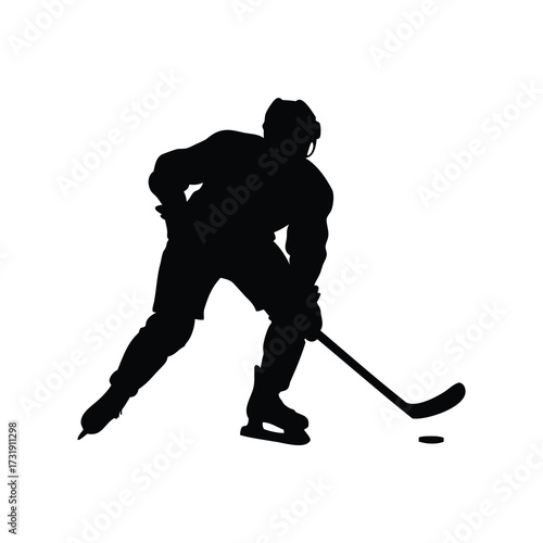 Hockey Player Silhouette Skating with Stick and Puck During Ice Hockey Game, hockey player checking opponent silhouette vector illustration