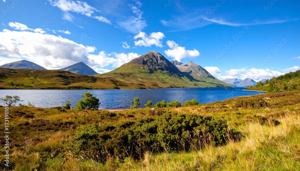 Fototapeta premium Mountain lake landscape, bright sunny day