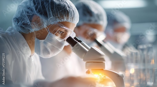 Scientists in a laboratory work with a microscope that scientists use for detailed analysis. The laboratory environment enables scientists to conduct thorough examination efficient