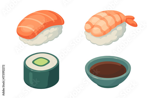 Assortment of traditional Japanese sushi including salmon and shrimp nigiri, maki roll, and a bowl of soy sauce for dipping