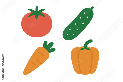 Colorful assortment of fresh garden vegetables including ripe red tomato, green cucumber, orange carrot, and yellow bell pepper