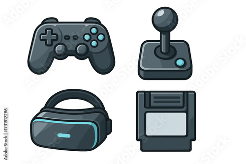 Set of gaming devices and accessories featuring a contemporary controller, classic joystick, virtual reality headset, and vintage game cartridge