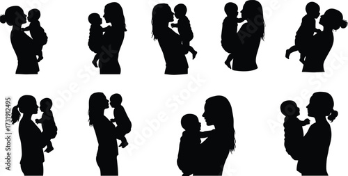 WebMother and baby silhouettes, black figures on white background, emotional bonding, maternal care, parenting concept, love and affection, vector illustration, family theme