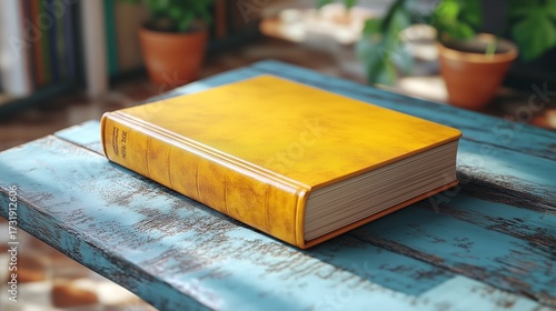An antique book resting on a weathered wooden table surrounded by plants and sunlight streaming through windows