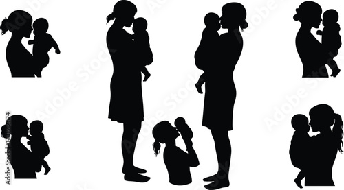Mother and baby silhouette, maternal bonding, parenting love, black icons on white background, emotional connection, motherhood concept, caring woman holding infant