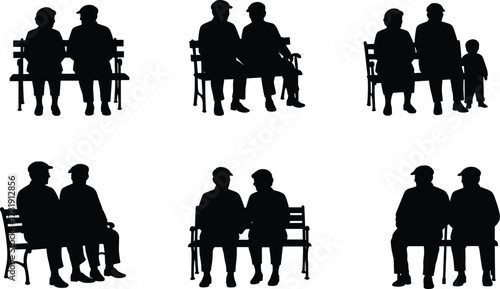 Elderly couple silhouettes on bench, senior companionship, aging together, family bonding, black icons on white background, peaceful retirement, generational connection scene