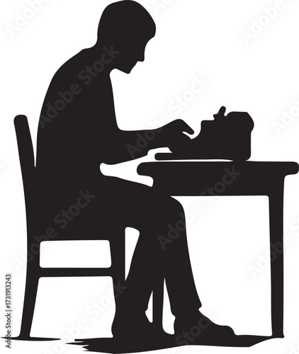 A man is work in table Abstract geometric composition featuring bold colors and clean lines in vector format