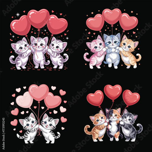 Kittens holding heart balloons pink white