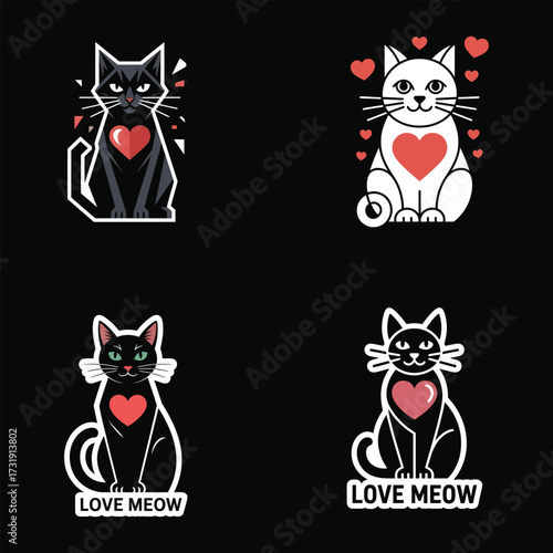 Four stylized cats with hearts feline love