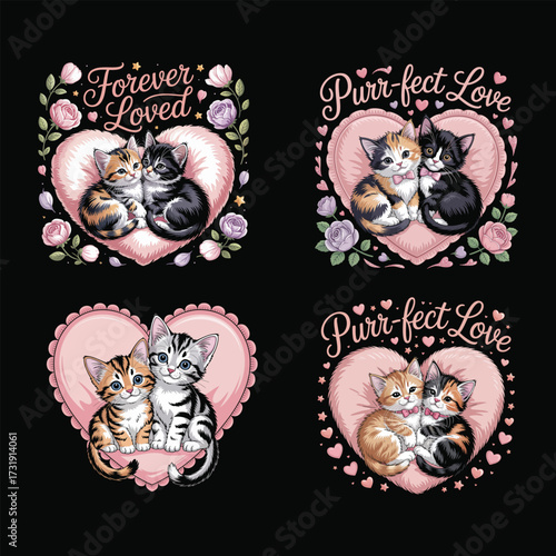 Kittens embrace heart pink roses cats