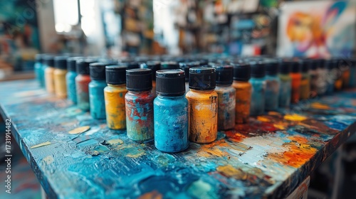 Vibrant Paint Bottles Lined Up on an Artist's Palette with Splashes of Color Around