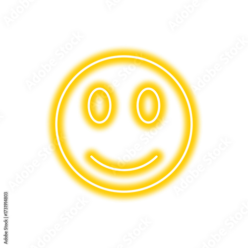 A glowing yellow neon smiley face icon on a transparent background, expressing happiness.