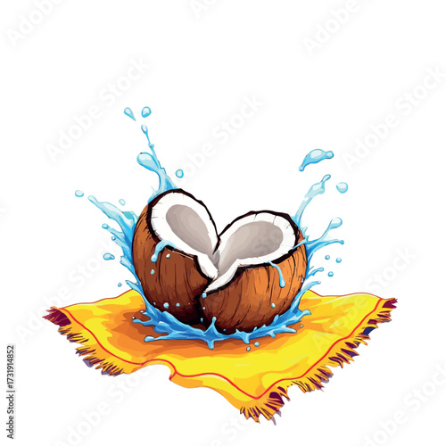Vsai broken coconut splashing water on a yellow towel