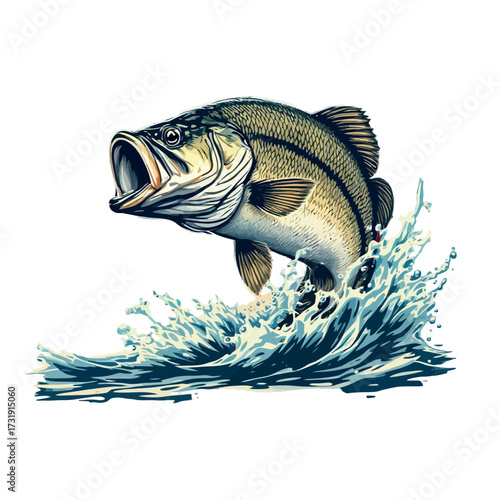 Vsai largemouth bass fish jumping from water splash