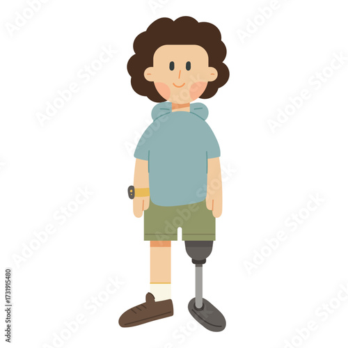 Cartoon man with prosthetic leg. Vector illustration of a confident man with a prosthetic leg. Perfect for representing disability inclusion, diversity, sports, and physical therapy. 