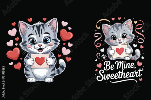Cute kitten with hearts and text love valentine