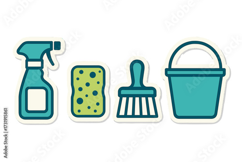 Essential household cleaning supplies and tools for domestic hygiene tasks and a tidy home environment