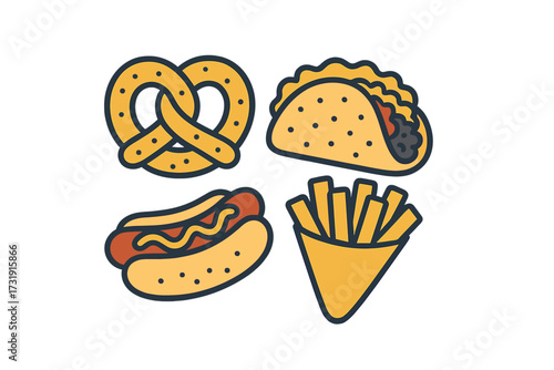 Delicious assortment of classic fast food snacks including hot dog, taco, pretzel, and crispy french fries