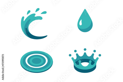 Stylized water elements collection with dynamic splash, single drop, concentric ripples, and crown splash design